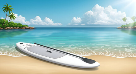Empty stand-up paddleboard resting on a tropical beach with palm trees and a calm ocean. Tranquil scene showcasing outdoor recreation gear.