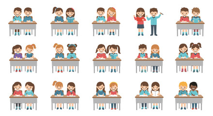 Large set of diverse students are sitting at their desks in a classroom, engaged in various learning activities.