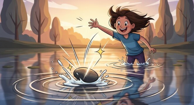 Joyful Girl Skips Stone on Water.