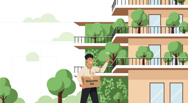 Delivery man with package in front of modern eco-friendly apartment building with green balconies