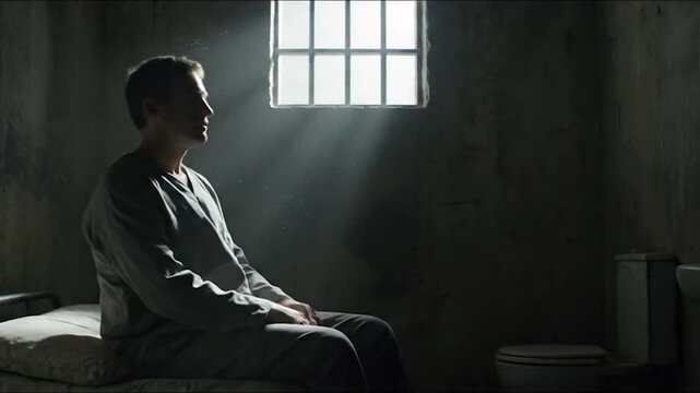 Man in prison cell contemplating life and freedom with light rays.