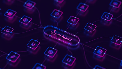 Naklejka premium AI agentic workflow automation artificial intelligence agent software interface nodes triggers data tool dashboard coding icon flow process database technology 3d rendering.