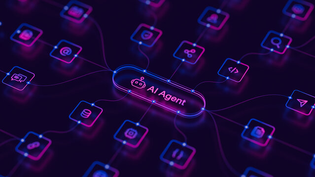AI agentic workflow automation artificial intelligence agent software interface nodes triggers data tool dashboard coding icon flow process database technology 3d rendering.
