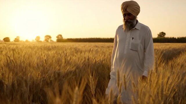 Elderly Indian farmer with a turban and beard walks through his golden wheat field at beautiful sunset, inspecting the ripened crop.