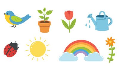 Spring nature set with bird, rainbow, ladybug and flower © jana