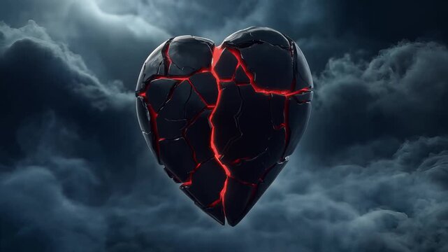 A black heart with red cracks against a dark cloudy background.
