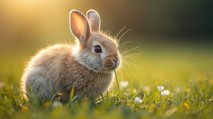 Obraz premium Cute Little Bunny in Meadow with Warm Sunset Light