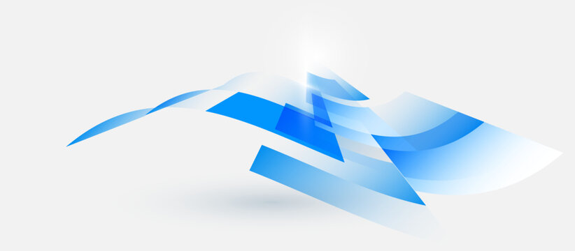 Abstract blue geometric shapes float softly on a clean white background