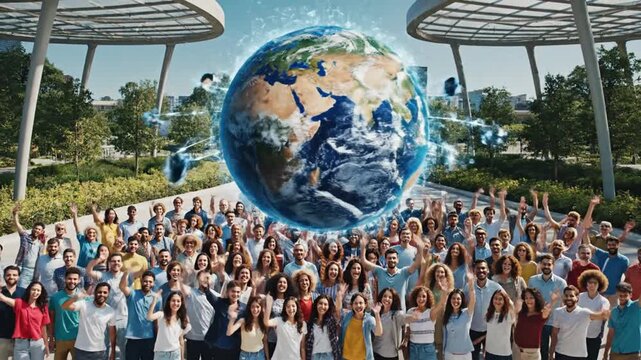 Diverse crowd of people gathered outdoors with a large globe hovering above them, celebrating World Population Day in a vibrant and united atmosphere with modern structures in the