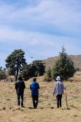 Three Hikers Watching a Flying Drone in Lush Mountain Meadow of Mount Prau Under Blue Sky