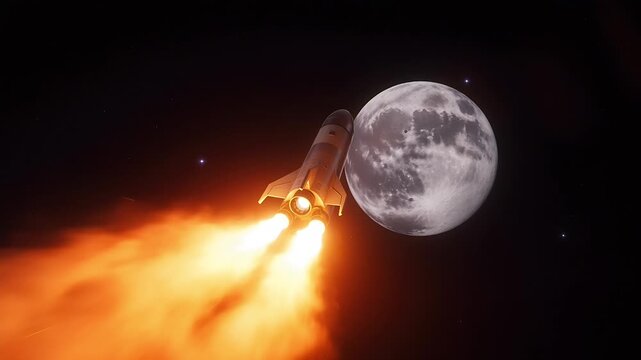 A space rocket soaring through the cosmos near the moon, showcasing space exploration and discovery