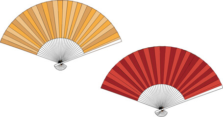 Traditional folding hand fan vector illustration set with orange and red colors isolated on white background for summer cooling fashion and oriental culture design.