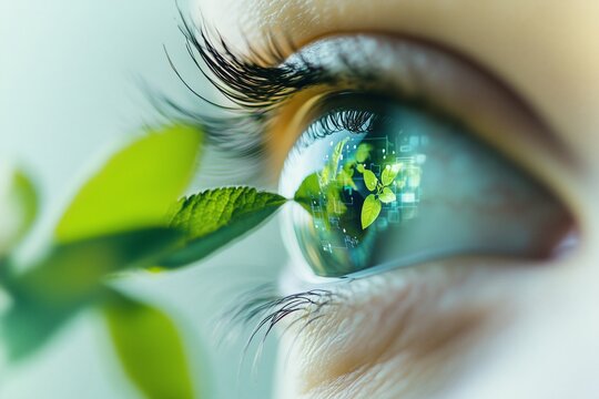 Close-up botanist eye reflecting a digital plant chart