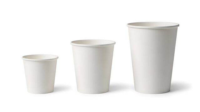 Three varying sizes of white disposable paper cups placed side by side.