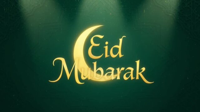 Elegant Eid Mubarak message with a bright yellow crescent moon on a dark teal background with subtle patterned texture and light effects. , Generative Ai