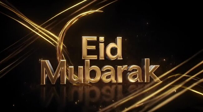Luxurious 3D Eid Mubarak text with metallic gold finish, set against a black background with swirling golden light streaks and glowing particles. , Generative Ai