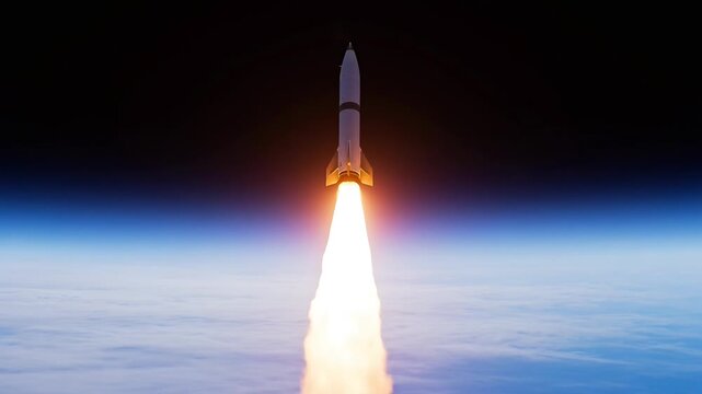 A rocket blasts off into the atmosphere