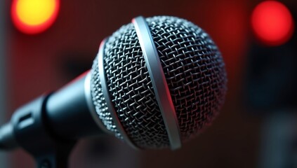 Fototapeta premium Close-up of a professional microphone on a stand ready for performance.