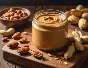 A jar of creamy nut butter on a wooden cutting board surrounded by various nuts