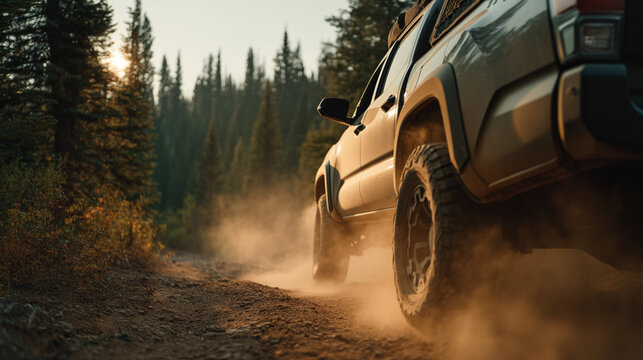 A white pickup truck drives on a dusty forest road