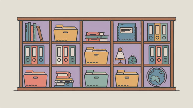Flat vector art of a classroom bookshelf filled with office supplies and books in colorful folders
