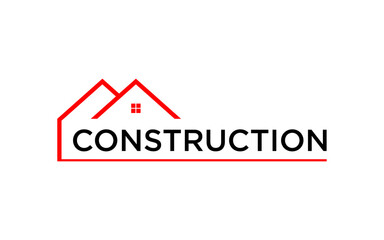 A minimalist logo featuring the word 'CONSTRUCTION' in black text, underlined by a red line, with two overlapping red house roof outlines above it, symbolizing building and development.