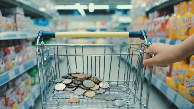 Close-up of coins overflowing from a metal shopping cart, representing savings, consumer spending, or small business finances.