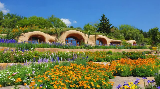 Earth-sheltered house exterior with vibrant wildflower meadow landscaping, sustainable architecture, eco-friendly design, rural lifestyle.