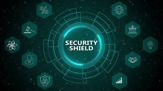 Advanced security shield cybersecurity interface with intelligent network protection monitoring system, encrypted digital defense analytics, and enterprise threat protection visualization
