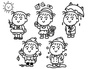 Cute little girl character set in four seasons and weather activities