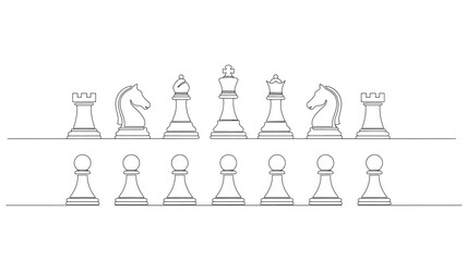 Chess pieces line art, featuring a full set of pawns and upper tier pieces arranged neatly on a white background. © TAIFUR