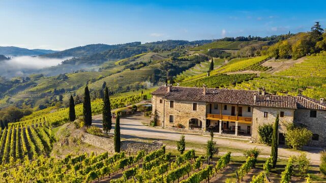 Tuscan Villa Overlooking Vineyards at Sunset - Luxury Italian Estate with Rolling Hills and Cypress Trees