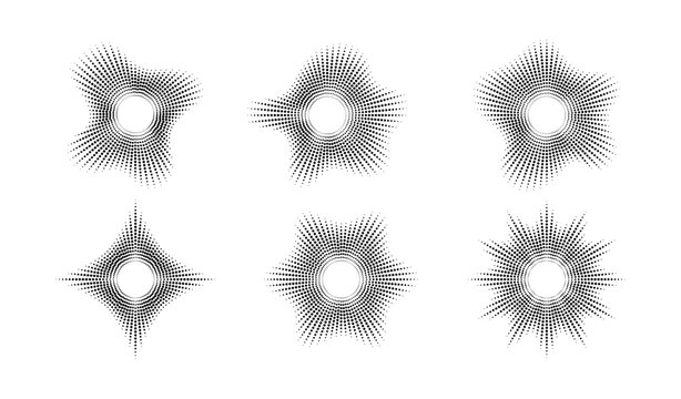 Abstract sound wave halftone radial dotted shapes set, futuristic graphic element, technology style, vector illustration background design