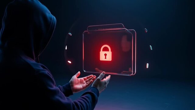 Hacker in a hoodie reaching towards a glowing digital folder with a red padlock icon, symbolizing data security breach and cyber threat in a dark, futuristic environment.