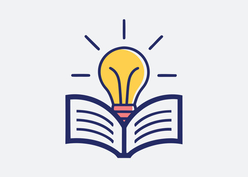 A large yellow lightbulb with a pink base emerges from the center of an open white book with dark blue outlines on a pale gray field.