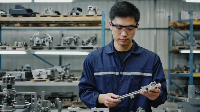 Manufacturing worker inspects precision metal part with calipers in industrial workshop, quality control, engineering.