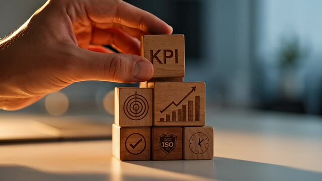 Hand placing wooden block with KPI text on stack of cubes displaying business icons, symbolizing performance tracking and strategic development.