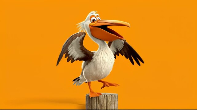 Cartoon Pelican Dancing on Wooden Post.