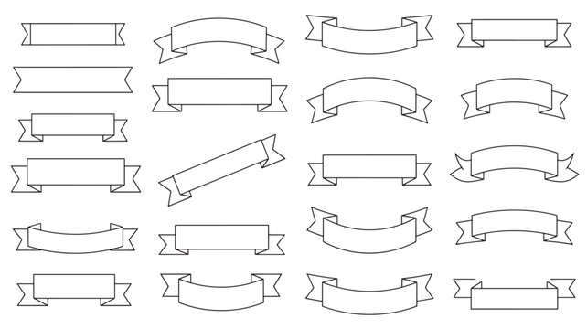 Set of simple black outline banners with a variety of shapes and curves for text and design elements