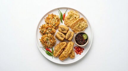 Fototapeta premium Delicious plate of assorted Indonesian fried snacks and sambal, perfect for a snack or appetizer