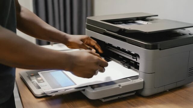 Man retrieving document from office printer, digital workflow, small business technology, modern workspace, paper output.