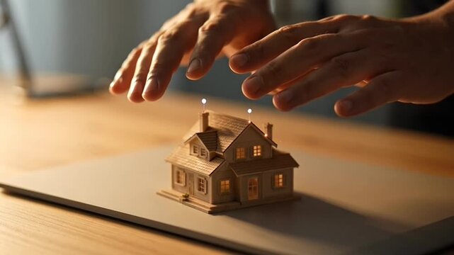 Hands carefully hover over a detailed model house, symbolizing protection, investment, and careful consideration in real estate and homeownership decisions.
