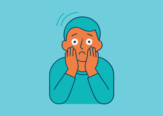 Fototapeta premium A flat vector icon of an orange-skinned person with teal hair showing a surprised or fearful expression on a blue background.