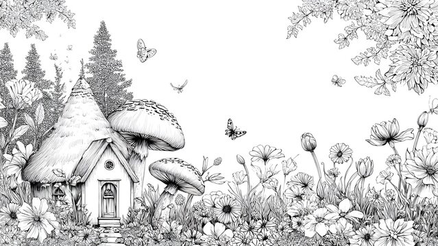 Whimsical Fairy Tale Mushroom House in a Blooming Wildflower Garden Coloring Page for Adults