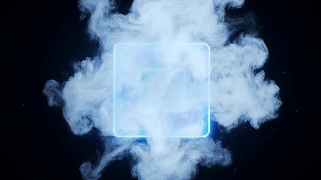 Futuristic glowing blue square with abstract smoky cloud on a dark background