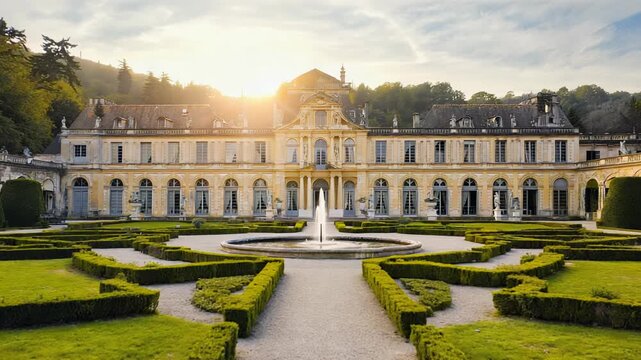 Formal French Garden with Fountain and Topiary: Elegant Landscape Design and Horticultural Artistry