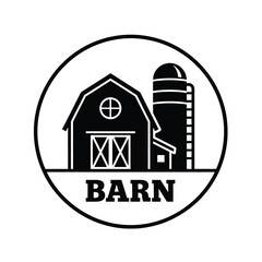 A simple black and white circular graphic showcases a classic barn and silo illustration accompanied by the word barn below high quality professional detailed modern elegant © Mahir