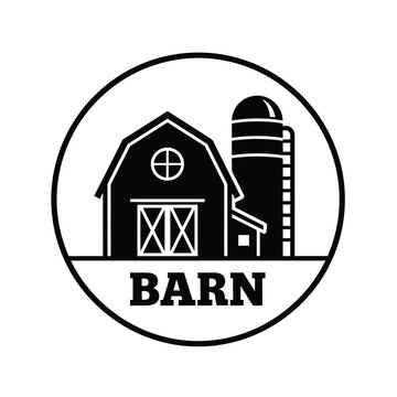 A simple black and white circular graphic showcases a classic barn and silo illustration accompanied by the word barn below high quality professional detailed modern elegant