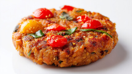 A delicious vegetarian patty topped with fresh tomatoes and herbs on a white surface
