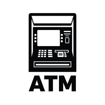 A simple black and white illustration depicts a modern atm machine with a screen card reader and cash dispenser slot high quality professional detailed